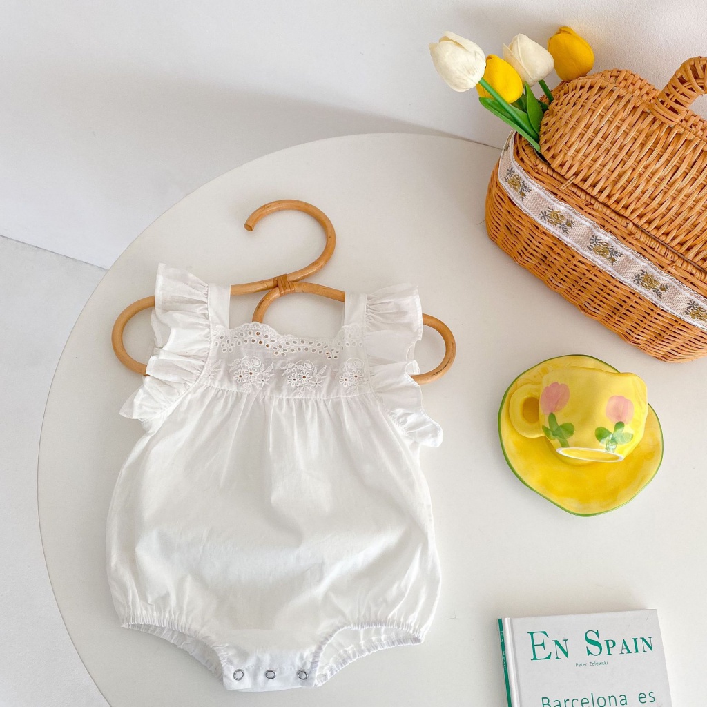 Bộ Áo Liền Quần Tam Giác Tay Cánh Tiên Bằng Cotton Phối Ren Thoáng Khí Thời Trang Mùa Hè Cho Bé Gái 2022
