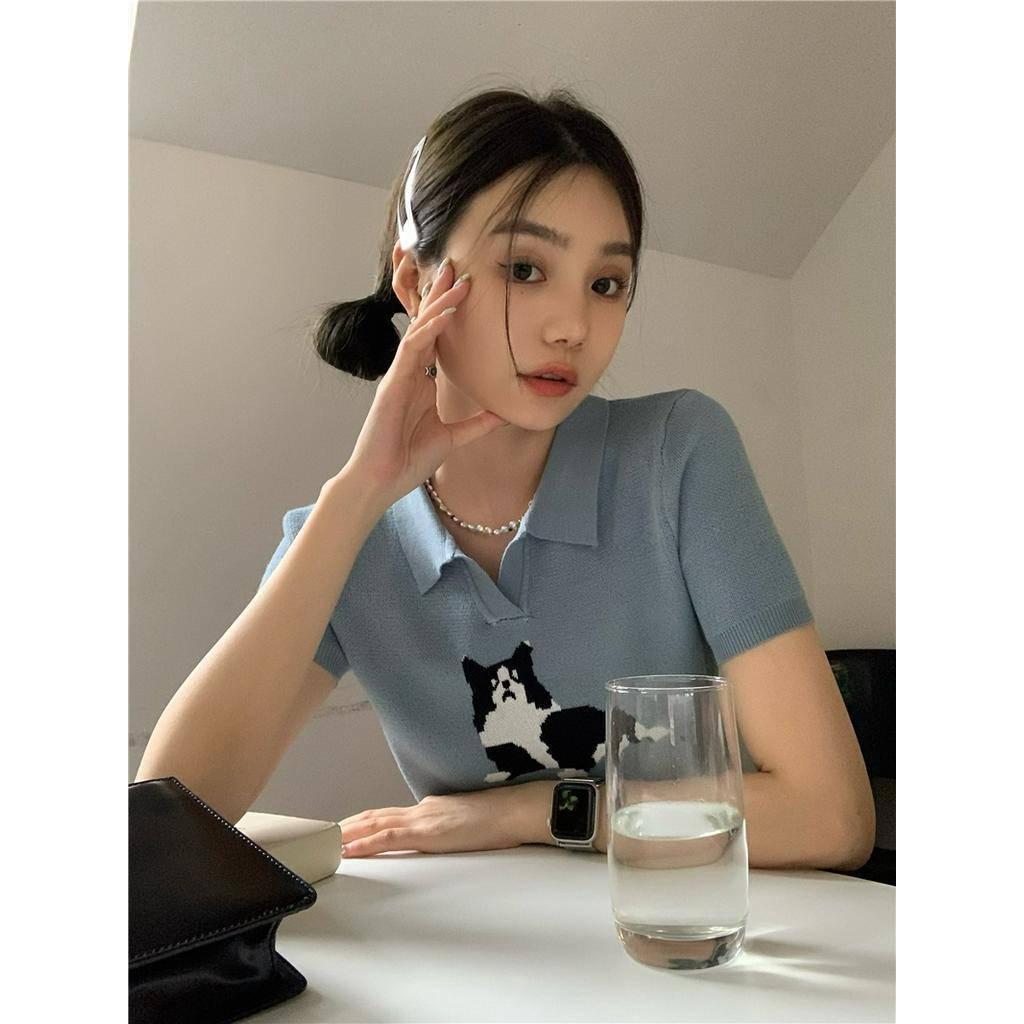 Áo Thun Dệt Kim Ngắn Tay In Hình Mèo Đáng Yêu Dành Cho Nữ 61342