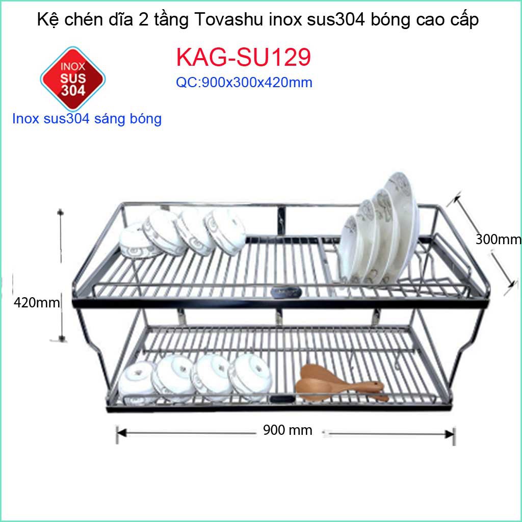 Kệ úp chén dĩa 2 tầng 90cm, kệ chén dĩa inox 304  Tovashu KAG-SU129