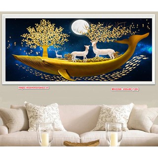 [MH2268] Tranh thêu kín Con thuyền trở đầy tài lộc Hươu Thần Tài kích thước rất lớn 200x90cm