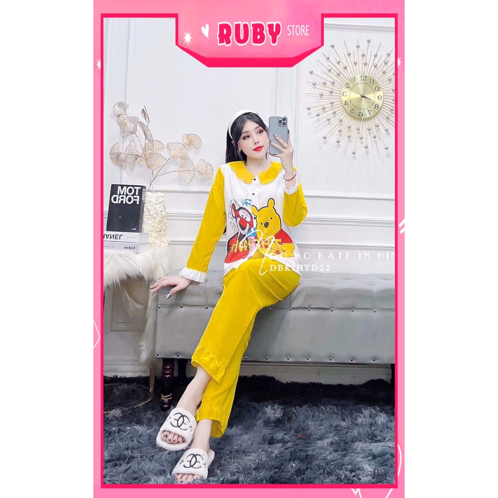 Đồ bộ nữ mặc nhà cổ tiểu thư tay dài chất kate mềm mịn in hình gấu Hoạt Hình dễ thương DBKIHTD22