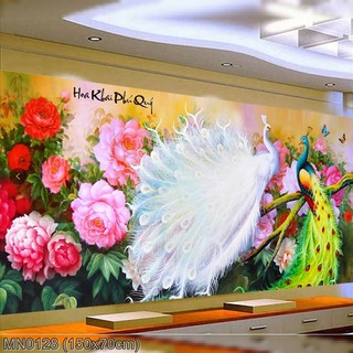 Tranh thêu chữ thập Hoa khai phú quý - Khổng tước MN0128 ( thêu kín 150x70 ) chưa thêu