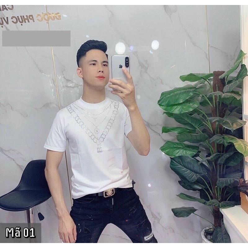 Áo cộc cổ tròn dây truyền đính đá, áo phông nam cotton mịn