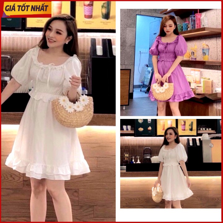 Đầm váy trắng/tím nhún ngực viền bèo dáng xòe bo eo xinh đẹp thời trang nữ
