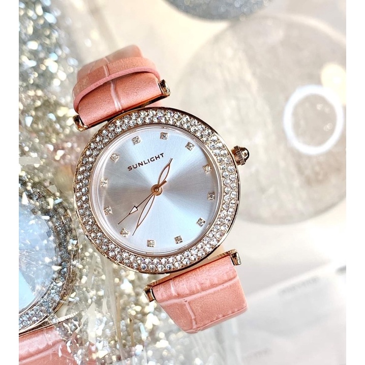 Đồng hồ nữ sunlight dây da hồng 2 viền đá vàng rose mã 69109