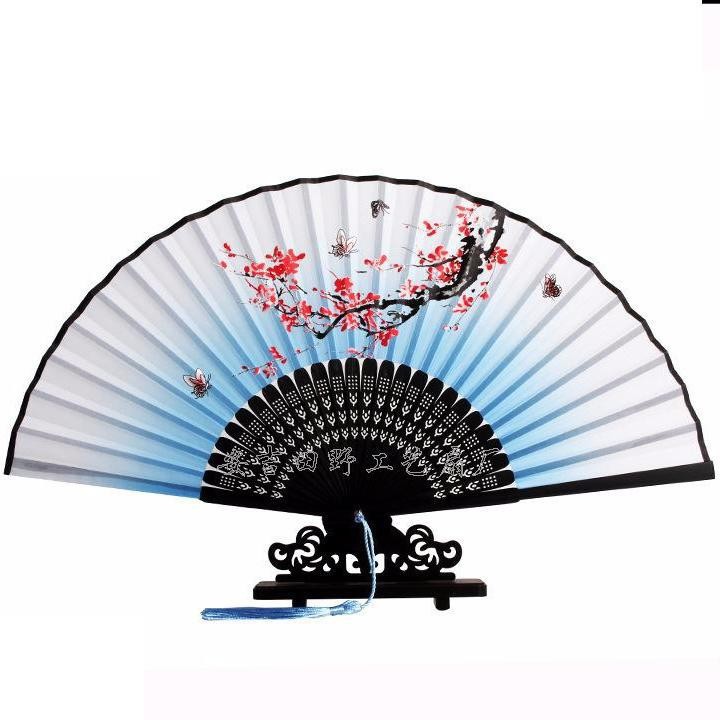 Quạt cổ trang hồng đào nở vải lụa xếp cầm tay phong cách cổ đại quà tặng cosplay