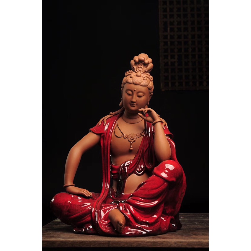 Tượng Quan Thế Âm áo đỏ gốm tử sa cao cấp ngồi thiền tịnh tâm- Tượng Phật trang trí decor không gian thiền tịnh