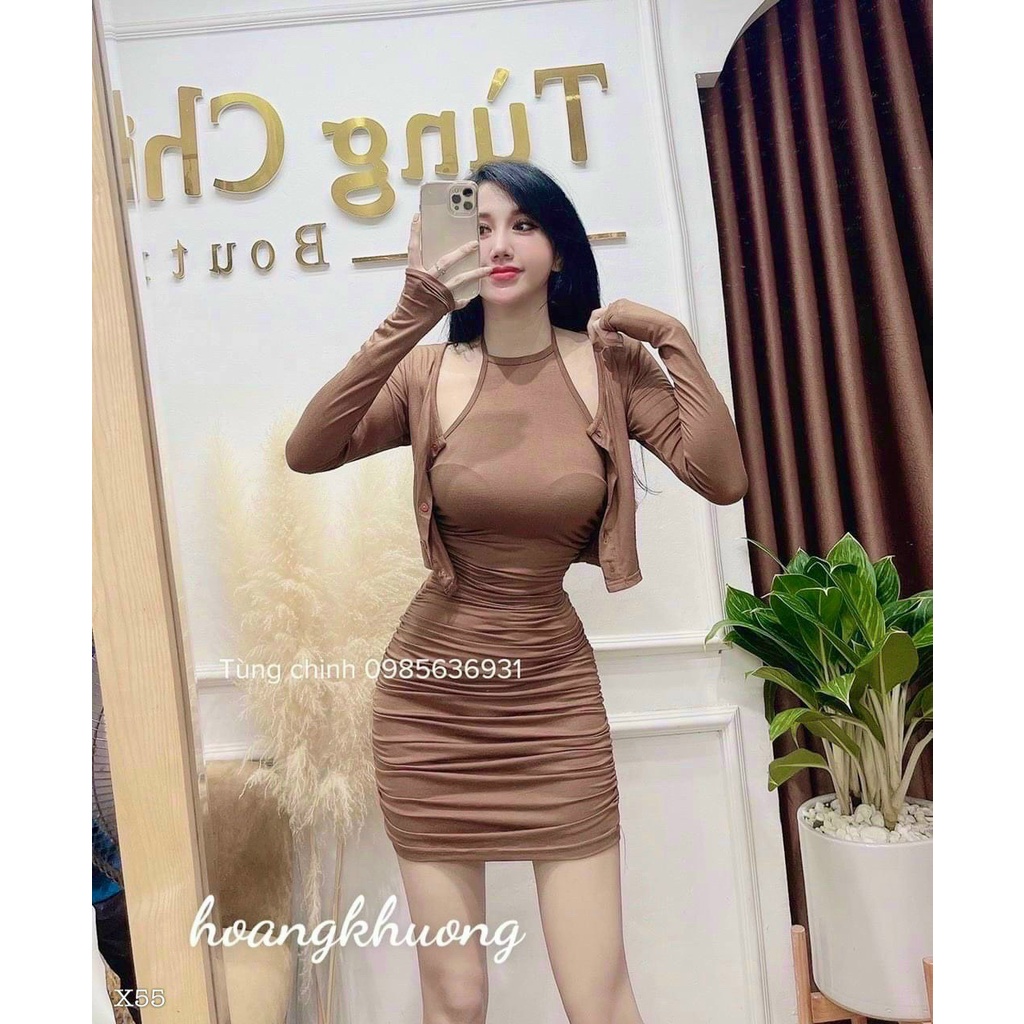 Đầm kiểu nhúm sườn cổ yếm cột dây kèm áo khoác cadigan mỏng nhẹ LY70