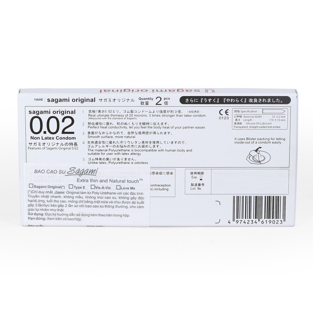 Bao cao su Sagami 002 siêu mỏng non latex hộp 2c