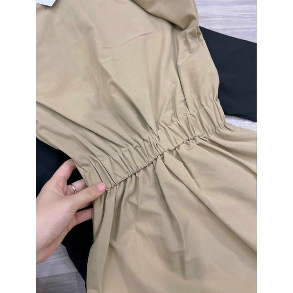 Đầm nữ sơ mi chiết eo dáng ngắn vải thô, váy suông cộc tay cổ đức trẻ trung