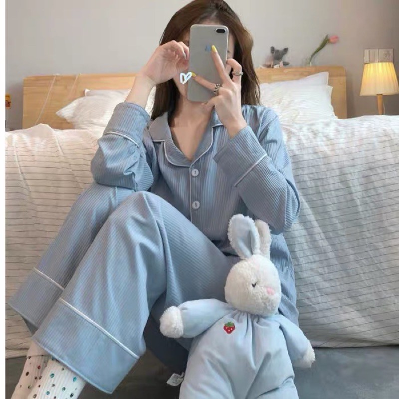 Set pijama xanh pastel sọc gân ulzzang Hàn Quốc