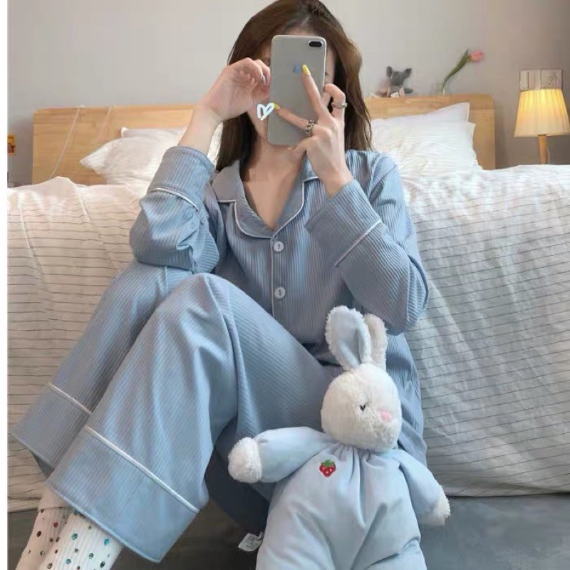 (Sẵn XL) Set pijama xanh pastel sọc gân ulzzang Hàn Quốc [Yannie] NoBrand