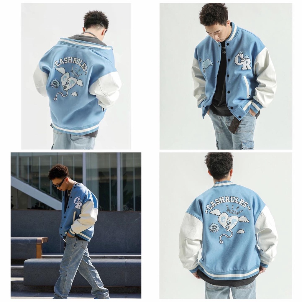 Áo khoác bomber nam nữ nỉ bông 2 lớp oversize form rộng áo bóng chày phối xanh thêu CR  unisex - Gin Store