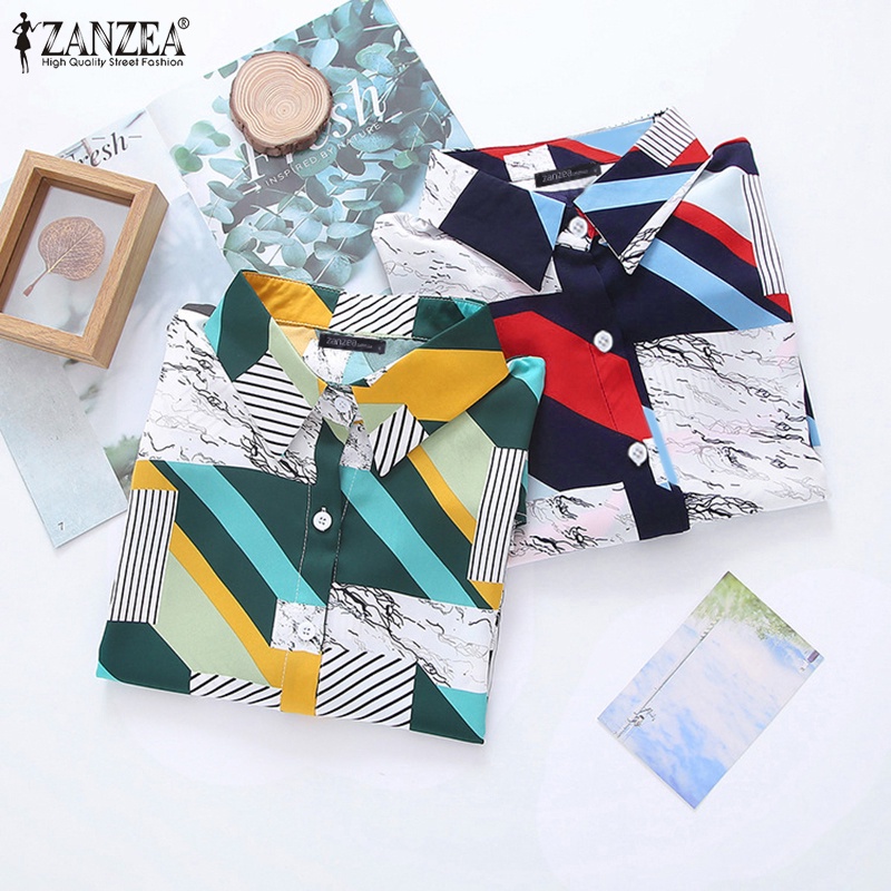 Zanzea Áo Sơ Mi Tay Dài Cổ Bẻ In Họa Tiết Hình Học Màu Tương Phản Thời Trang Cho Nữ