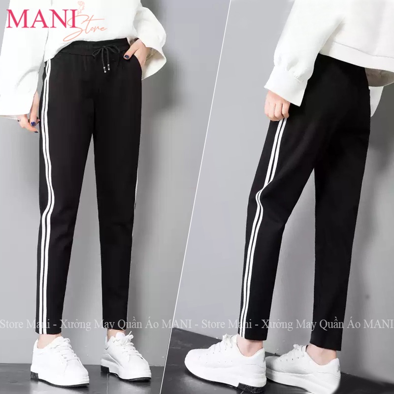 Quần jogger nữ thể thao 2 sọc trắng chất Umi màu đen co dãn 4 chiều dây rút bo ống mặc tập gym thể dục đi học chơi đẹp