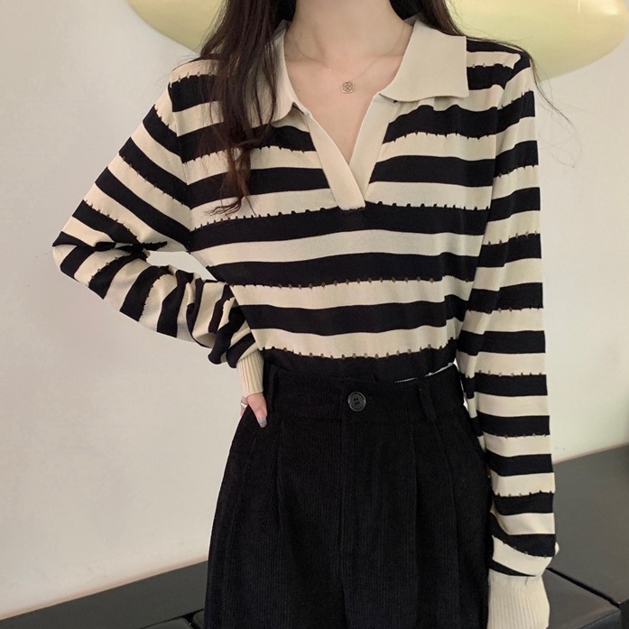 Áo dệt kim ZHELIHANGFEI tay dài cổ bẻ dáng ôm họa tiết kẻ sọc thời trang cho nữ