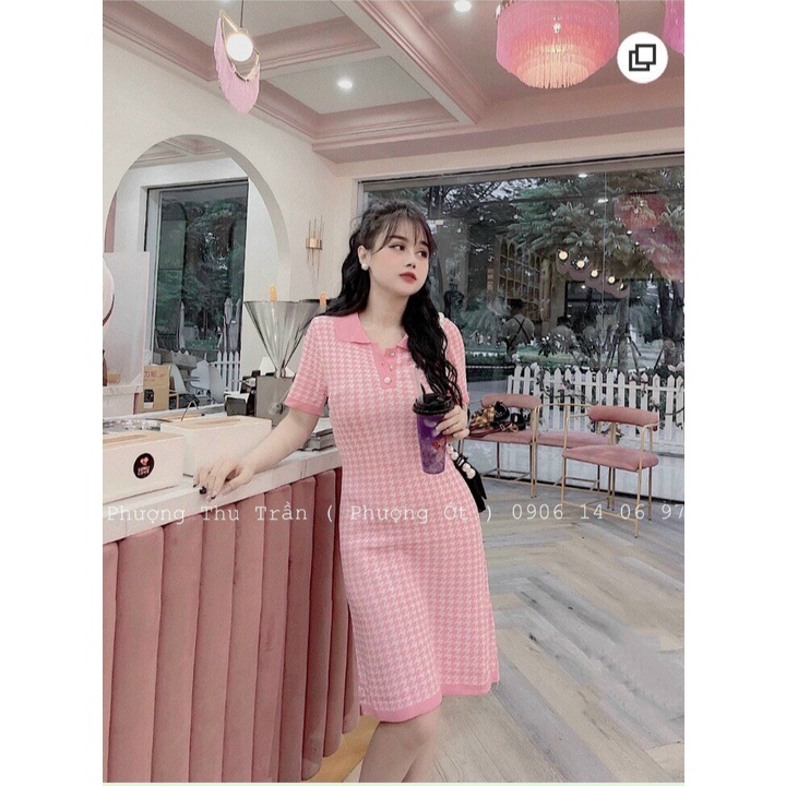 Váy len dáng ôm body cổ bẻ kẻ caro, Đầm len ngắn tay co giãn VS1561 - NhiNhi Shop