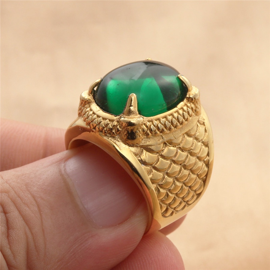 Nhẫn titan đeo tay pha lê màu xanh lá cây đỏ mạ vàng thời trang nam