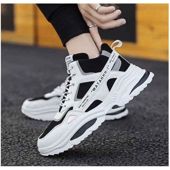 Giày Nam Sneaker Đế Độn 5cm Cổ Lỡ WATA Dây Kẻ VIền Phong Cách
