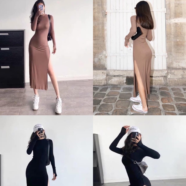 {NHẬP MÃ VOUCHER GIẢM GIÁ}Váy nữ đầm body cổ tròn dài tay xẻ tà 1 bên váy body đầm nữ sang chảnh Annastore💞