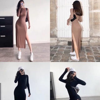 {NHẬP MÃ VOUCHER GIẢM GIÁ}Váy nữ đầm body cổ tròn dài tay xẻ tà 1 bên váy body sang chảnh Annastore (KEM ANH FEEDBACK) 💞