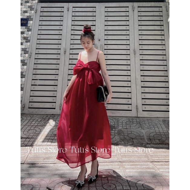 Đầm 2 dây nơ ngực SUNNY DRESS đỏ đô