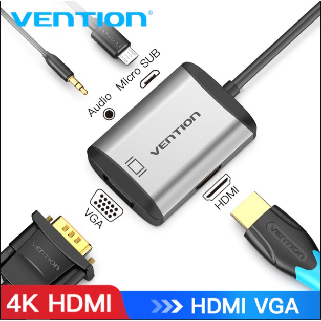 Bộ chuyển đổi HDMI to HDMI + VGA Video 4K kèm âm thanh và cấp nguồn Micro USB cao cấp chính hãng VENTION AFVHB