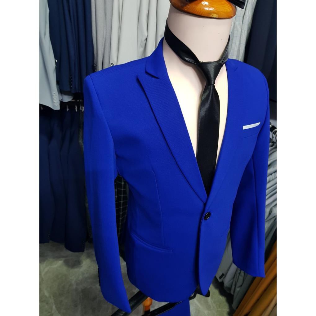 Bộ vest nam ôm body màu xanh coban chất vải dày mịn co giãn + cà vạt nơ