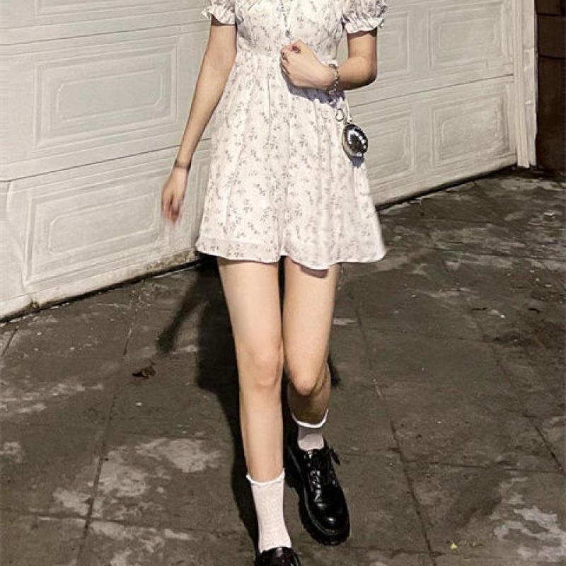 Đầm chiffon MURIOKI dáng chữ A cổ vuông tay phồng in họa tiết hoa phong cách Hàn Quốc thời trang cho nữ