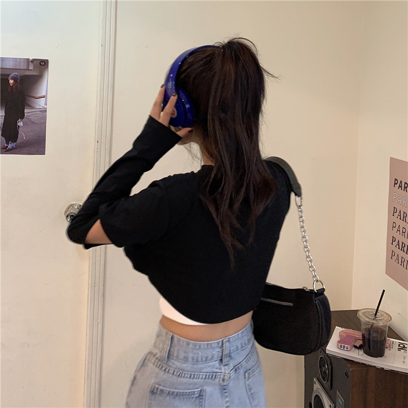 SUXI Áo croptop dáng dài tay rộng phối màu đơn giản cá tính dành cho nữ