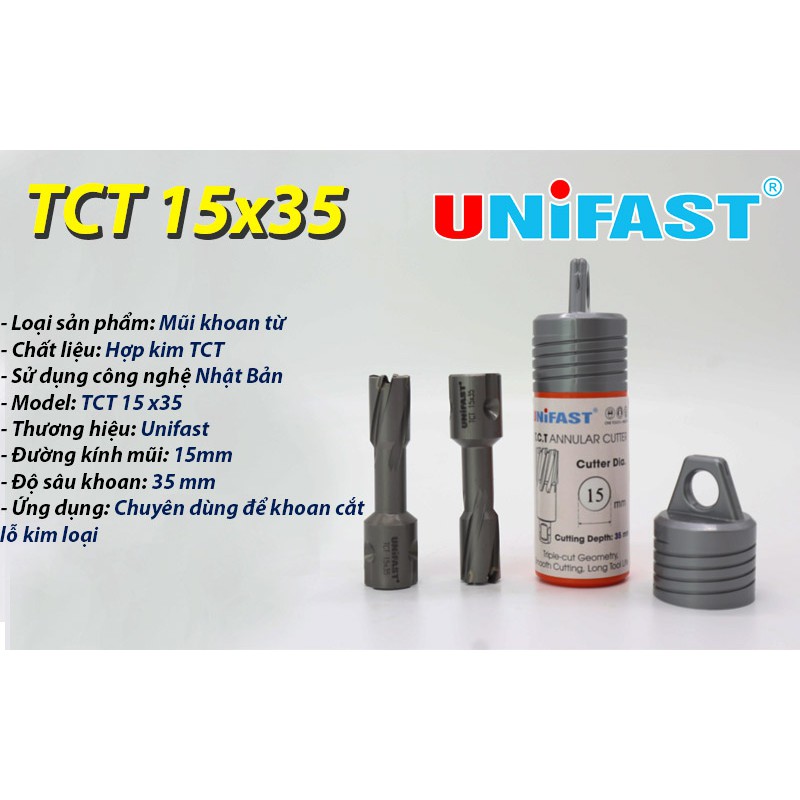 Mũi khoan từ phi 15 Unifast hợp kim TCT [KHOAN INOX]