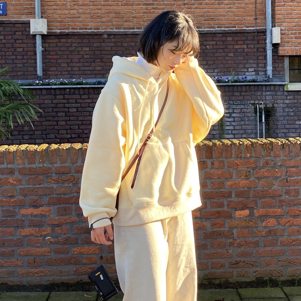 Áo Hoodie Seoulfamouschic Dày Dặn Màu Vàng Kem Phong Cách Retro