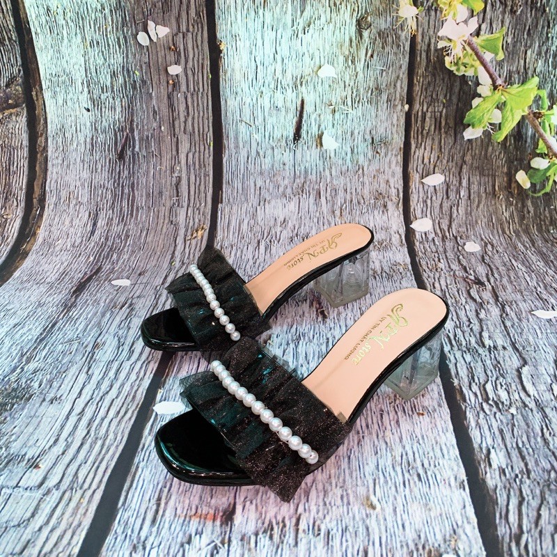 Guốc cao gót vuông trong 5p quai dún bánh bèo dây hạt châu phối ren