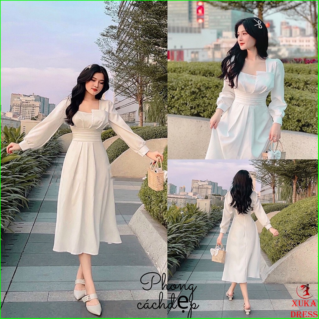 Đầm dự tiệc trắng dập ly ngực tay dài phong cách trẻ trung XUKA-DRESS MT100-chất Lụa cao cấp đẹp | BigBuy360 - bigbuy360.vn
