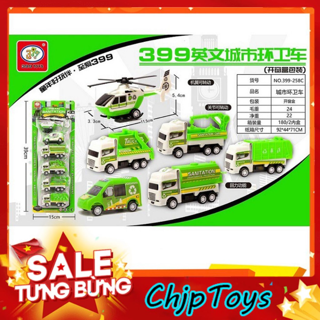 Đồ Chơi Xe Chở Rác Chạy Đà Cót, Gồm 6 Xe Mini Khác Nhau, Màu Xanh Lá Đẹp Dành Cho Bé Đam Mê Sưu Tập