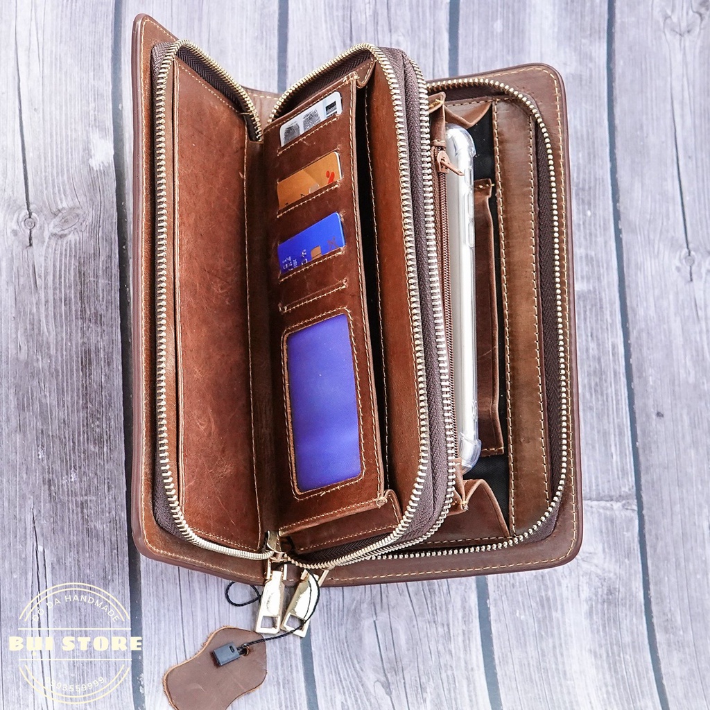 Clutch cầm tay, Ví da cầm tay da bò sáp 100% da thật Handmade khâu tay