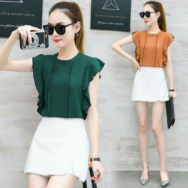 Set nữ cao cấp thiết kế chân váy và áo voan tay bèo kiểu sang chảnh QCNP907