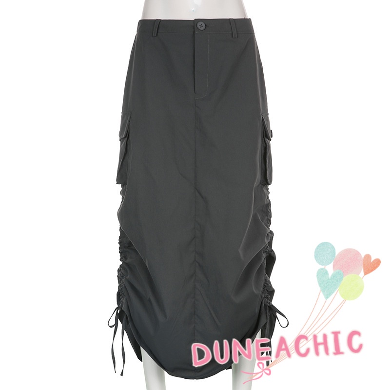 DUNEA Chân Váy Dáng Rộng Màu Trơn Phối Dây Rút Cá Tính Cho Nữ