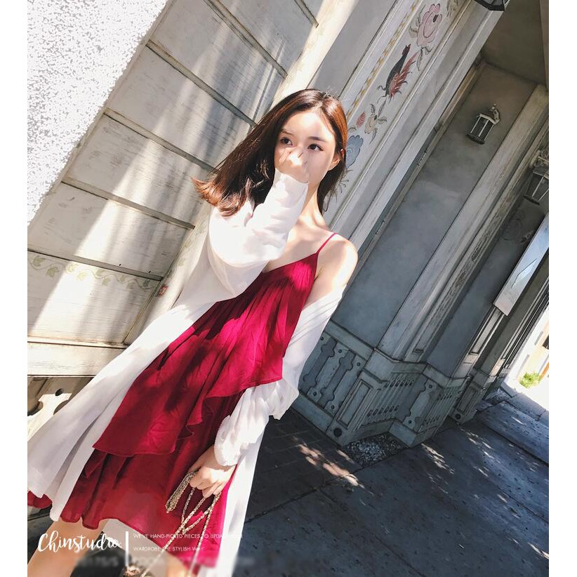 Đầm Hai Dây Cổ Chữ V Phối Bèo Màu Trơn Phong Cách Hàn Quốc Cho Nữ