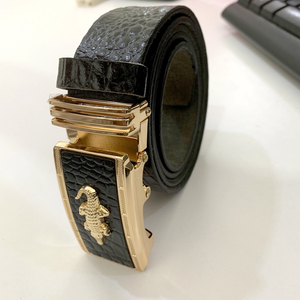 Thắt Lưng Nam Da Bò Nguyên Miếng 1 Lớp Màu Đen Dập Vân Cá Sấu Mặt Khóa Tự Động Gold