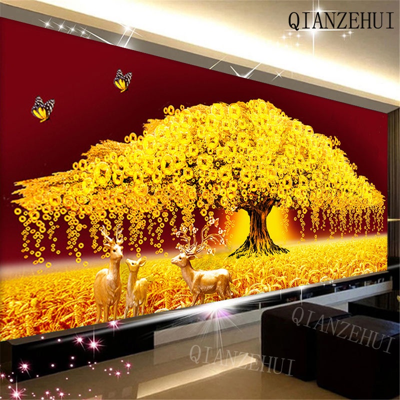 Bộ Tranh Đính Đá Tự Làm Họa Tiết 03 Con Tuần Lộc Tài Lộc Hiện Đại