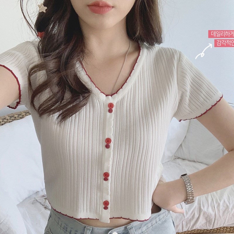 Áo Thun Dệt Kim Tay Ngắn Eo Cao Thời Trang Mùa Hè Cho Nữ