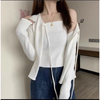 Áo cardigan len cặp tăm đũa cột dây kiểu dáng nữ tính set 2 chi tiết freesize