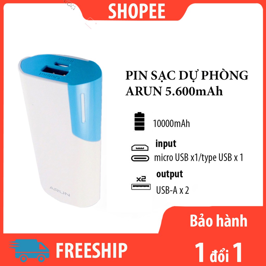 Pin sạc phòng Arun 5.600mah có đèn led hiển thị tình trạng sạc