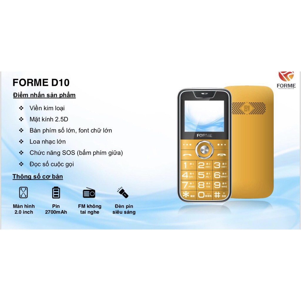 Điện thoại Forme D10 2 sim dành cho người già phím to loa to Bảo hành 12 tháng - Hàng chính hãng | BigBuy360 - bigbuy360.vn