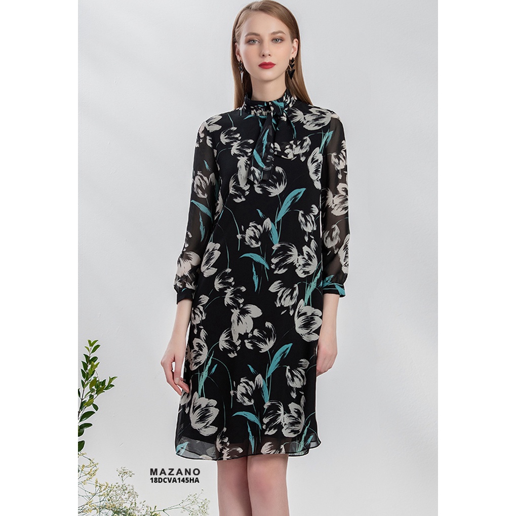Váy họa tiết tay dài cổ xếp ly MAZANO MS 18DCVA147HA chất liệu vải Hàn cao cấp thích hợp mặc đi làm đi chơi
