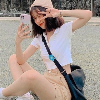 (Video thật) Áo Croptop Cổ Trụ Bẻ Trơn