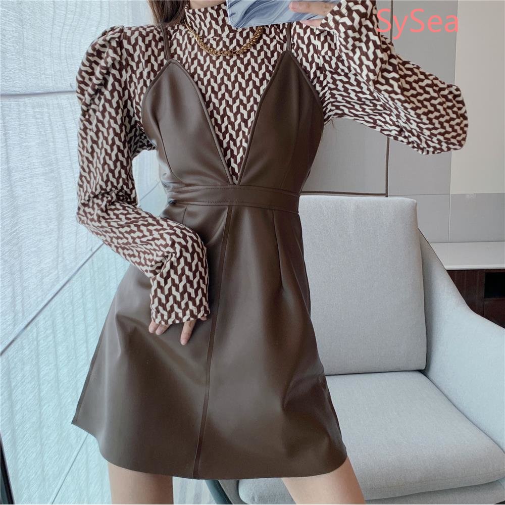 Set Áo Caro + Đầm Da Hai Dây Phong Cách Vintage Cho Nữ