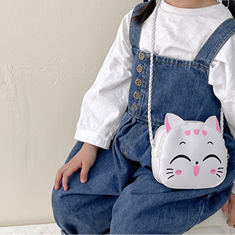 Túi Đeo Chéo Vai Bằng Da Có Khóa Kéo Hình Mèo Dễ Thương Cho Bé Gái