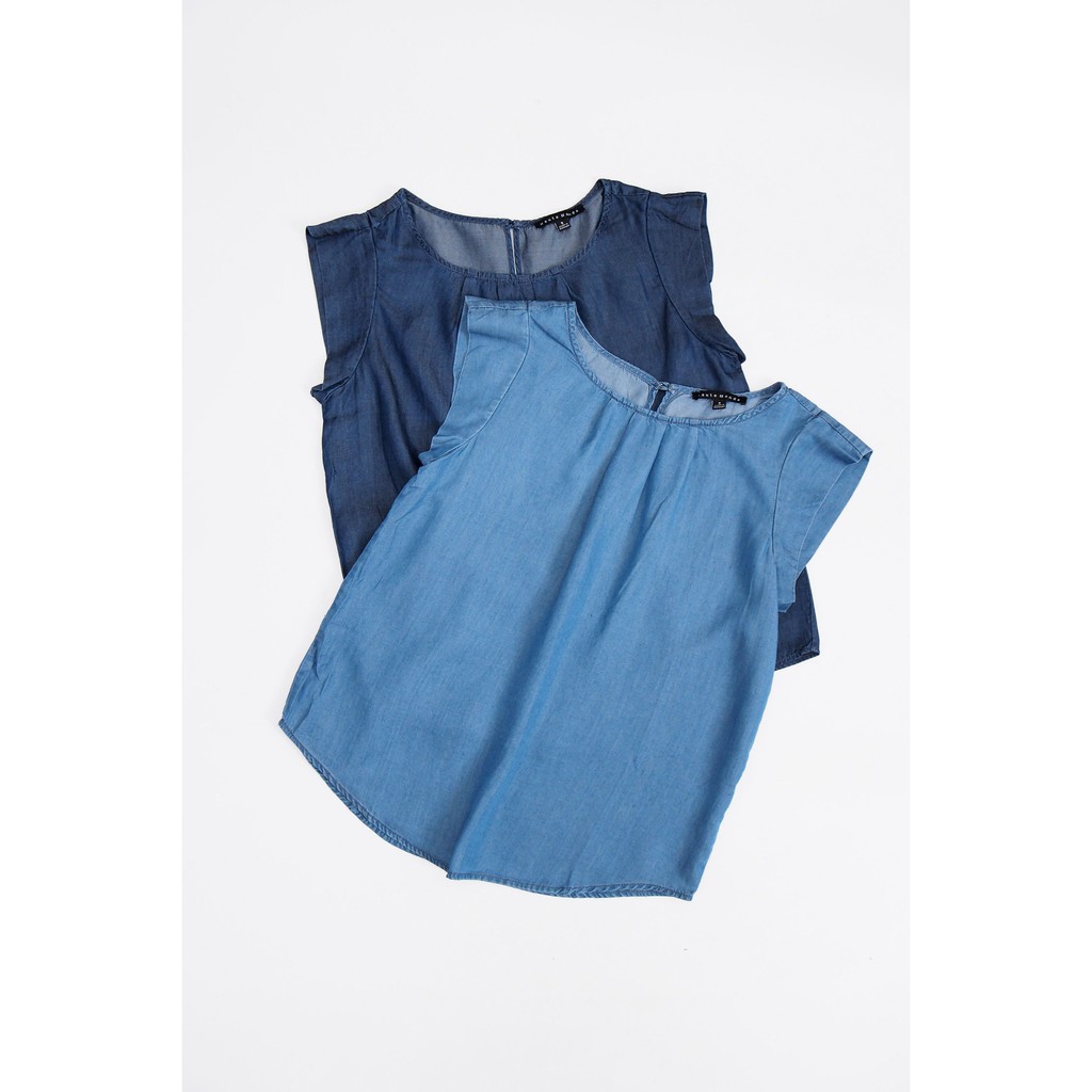 Áo denim cổ tròn tay nối không túi Haute Monte